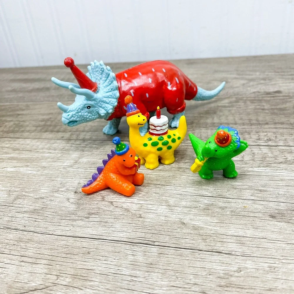 Vintage Birthday Party Dinosaur Figurine Set Triceratops Cake Topper 4pc Toy